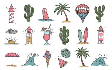 Yaz, sörf tahtası, dalga, balon, deniz feneri, palmiye ağaçları, yapraklar, canavarlar, el çizimi illüstrasyon, vektör.