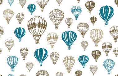 Sıcak hava balonları uçuyor. El çizimi illüstrasyon.