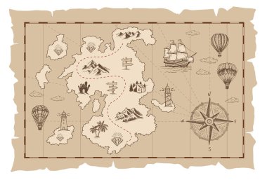 Old treasure map vector sketch. Hand drawn illustrations, vector.