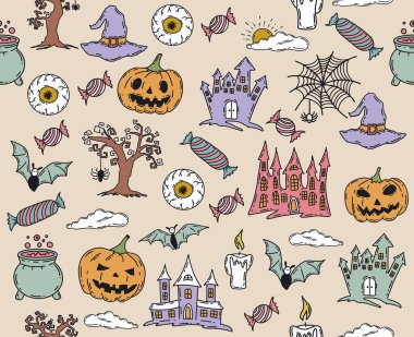 Cadılar Bayramı sembolleri elle çizilmiş çizimler