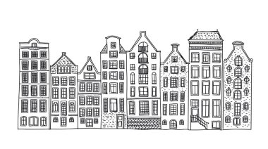 Evler arka arkaya ön cephe, Amsterdam elle çizilmiş illüstrasyon.