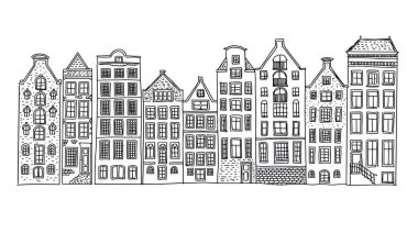 Evler arka arkaya ön cephe, Amsterdam elle çizilmiş illüstrasyon.