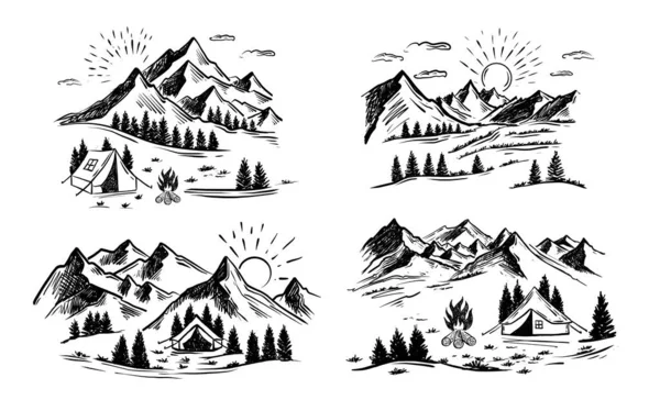 Namiot Kemping Lesie Pobliżu Gór Zestaw Ręcznie Rysowane Ilustracje Wektor — Wektor stockowy