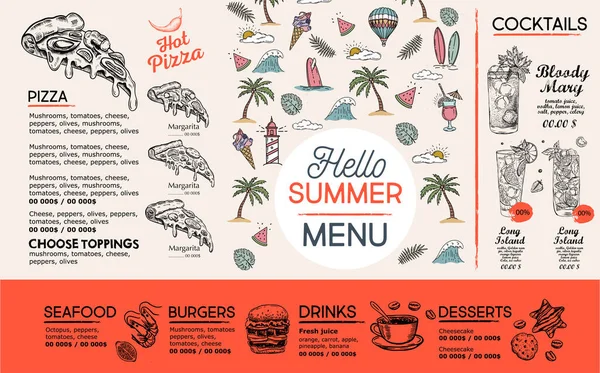 Summer Menu Template Design Food Flyer Hand Drawn Style Vector — Stock Vector