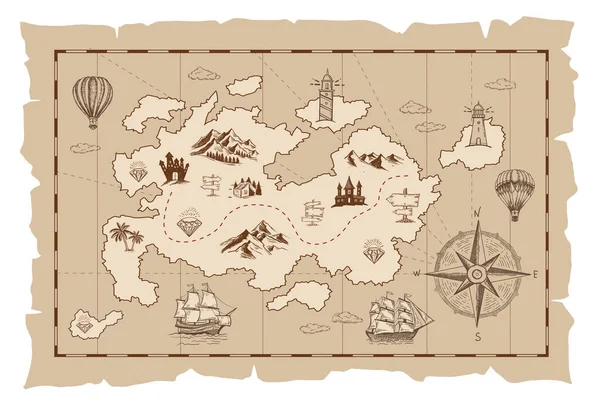Esboço Vetorial Antigo Mapa Tesouro Pirata Ilustrações Desenhadas Mão Vetor — Vetor de Stock