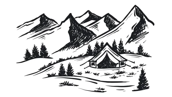 Campeggio Tempo Nella Natura Paesaggio Montagna Stile Schizzo Illustrazioni Vettoriali — Vettoriale Stock