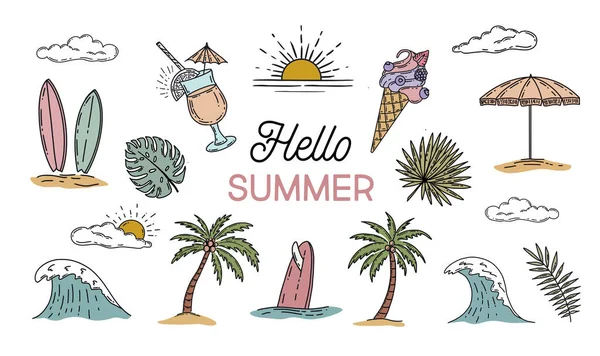 Sommer Icon Set Handgezeichnete Illustration — Stockvektor