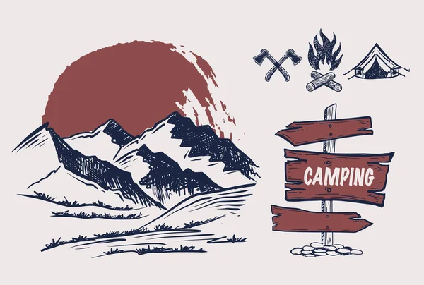 Tiempo Camping Naturaleza Paisaje Montaña Estilo Boceto Ilustraciones Vectoriales — Vector de stock
