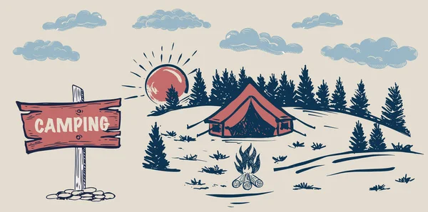 Camping Tid Naturen Bergslandskap Skiss Stil Vektor Illustrationer — Stock vektor