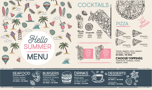 Summer Menu Template Design Food Flyer Hand Drawn Style Vector — Stock Vector
