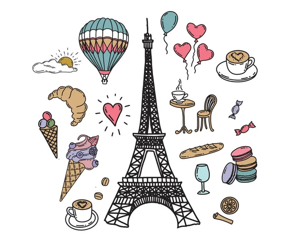 Set Hand Drawn French Icons Paris Sketch Illustration Vector — Stock Vector