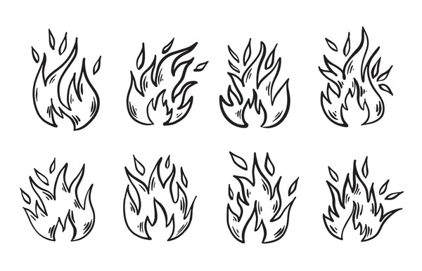Bonfire Set Ručně Kreslené Ilustrace Plamen Pálení — Stockový vektor