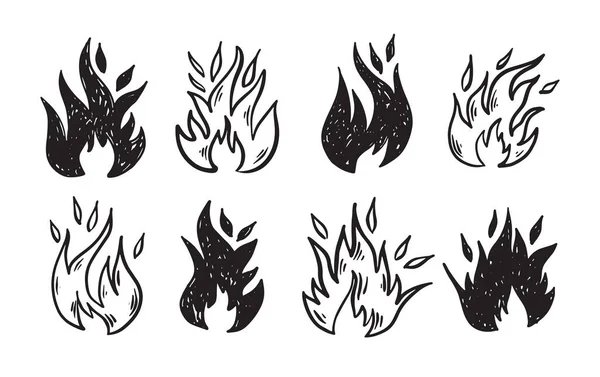 Набір Вогню Намальована Рука Ілюстрація Полум Горіння — стоковий вектор