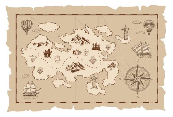 Esboço Vetorial Antigo Mapa Tesouro Pirata Ilustrações Desenhadas Mão Vetor — Vetor de Stock