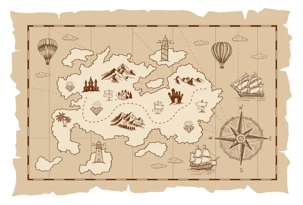 Векторный Набросок Старой Пиратской Карты Сокровищ Ручные Рисунки Вектор — стоковый вектор