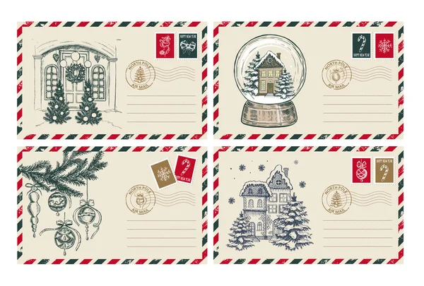 Weihnachtspost Postkarte Handgezeichnete Illustration — Stockvektor
