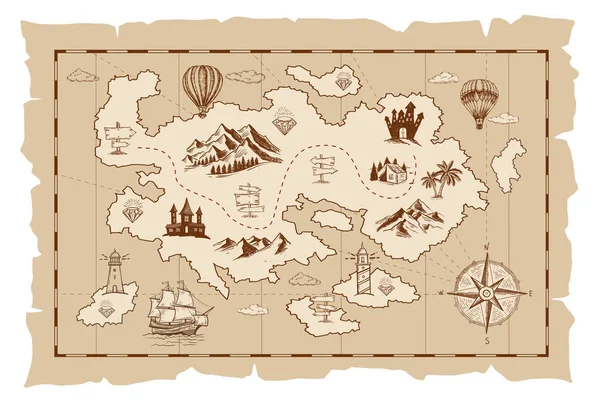 Old Treasure Map Vector Sketch Hand Drawn Illustrations Vector — 스톡 벡터