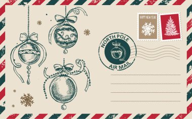 Noel postası, kartpostal, el çizimi illüstrasyon.