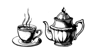 Çay fincanı ve çaydanlık el çizilmiş, beyaz üzerine izole edilmiş.
