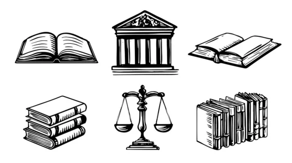 Set Simboli Della Legge Scale Disegnate Mano Vettoriale Disegno Linee — Vettoriale Stock