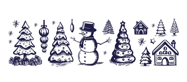 Natal Definido Estilo Esboço Ilustrações Desenhadas Mão Linha Desenho Preto — Vetor de Stock