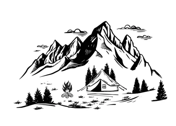 Κάμπινγκ Στη Φύση Ορεινό Τοπίο Στυλ Σκίτσο Εικονογράφηση Διάνυσμα — Διανυσματικό Αρχείο