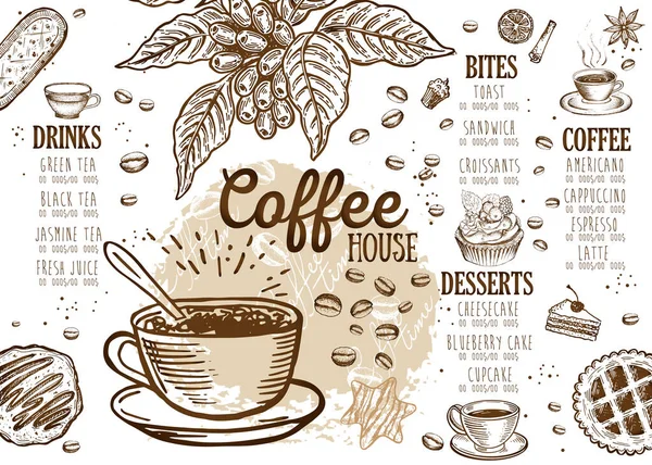 Kahve Evi Menüsü Restoran Kafe Menüsü Şablon Tasarımı Yemek Broşürü — Stok Vektör