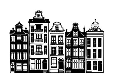 Evler arka arkaya ön cephe, Amsterdam elle çizilmiş illüstrasyon.