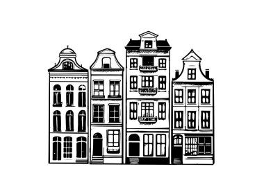 Evler arka arkaya ön cephe, Amsterdam elle çizilmiş illüstrasyon.