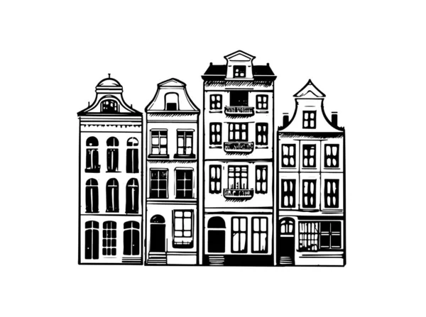 Дома Фасады Ряд Амстердам Ручной Работы Иллюстрации — стоковый вектор