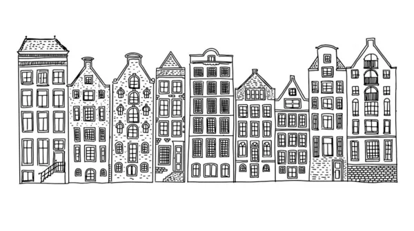Häuserfassaden Einer Reihe Amsterdam Handgezeichnete Illustration — Stockvektor