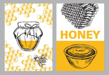 Bal ve arı broşürü seti, el çizimi çizimleri. Vektör.