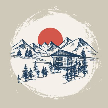 Eskiz kampı doğa seti, dağ manzarası, vektör çizimleri.