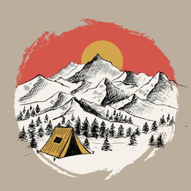 Eskiz kampı doğa seti, dağ manzarası, vektör çizimleri.