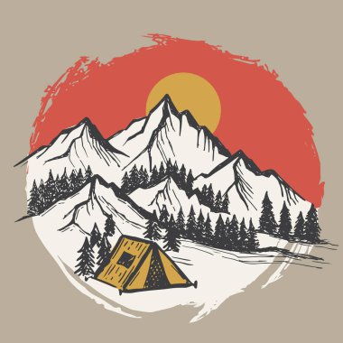 Eskiz kampı doğa seti, dağ manzarası, vektör çizimleri.