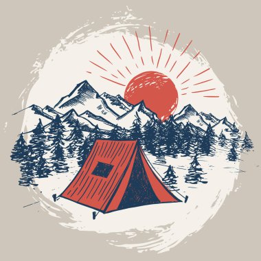 Dağların yanındaki ormanda çadır, set, el çizimi resimler. Vektör.