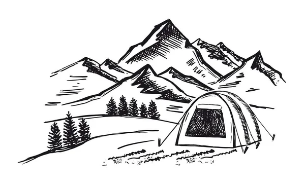 Skiss Camping Naturen Set Bergslandskap Vektor Illustrationer — Stock vektor