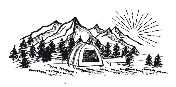 Skica Camping Nature Set Horská Krajina Vektorové Ilustrace — Stockový vektor