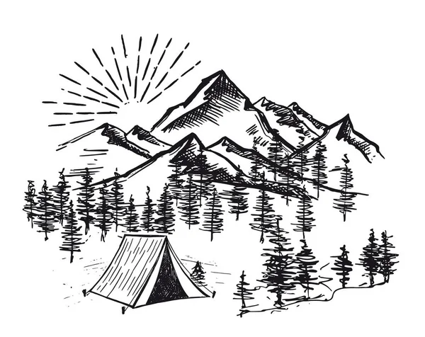 Sketch Camping Természetben Készlet Hegyi Táj Vektor Illusztrációk — Stock Vector