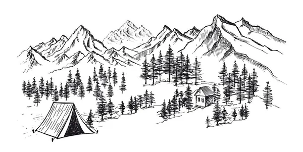 Sketch Campeggio Set Natura Paesaggio Montagna Illustrazioni Vettoriali — Vettoriale Stock