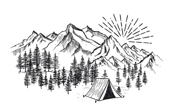 Skizze Camping Der Natur Gesetzt Berglandschaft Vektorillustrationen — Stockvektor