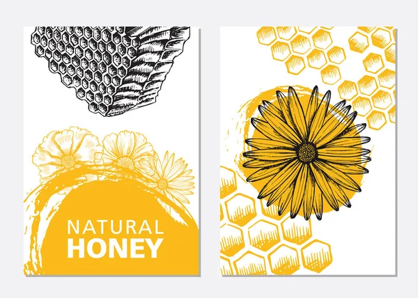 stock vector Honey and bees flyer set, hand drawn illustrations. Vector.