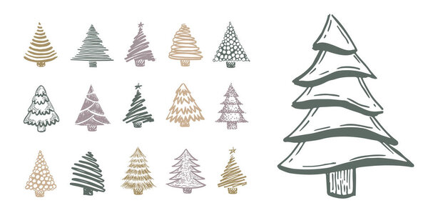 Happy new year, Christmas trees hand drawn. Vector illustration.