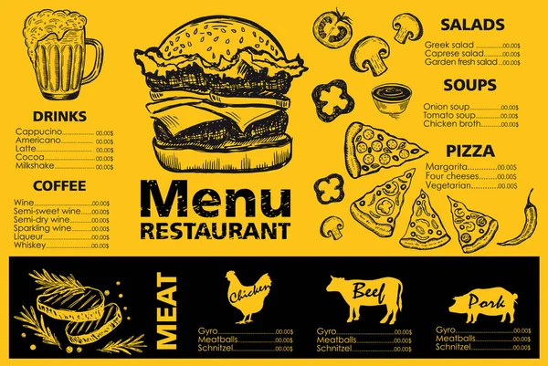 Menu Restaurant Design Gabarit Flyer Alimentaire Style Dessiné Main Illustration — Image vectorielle