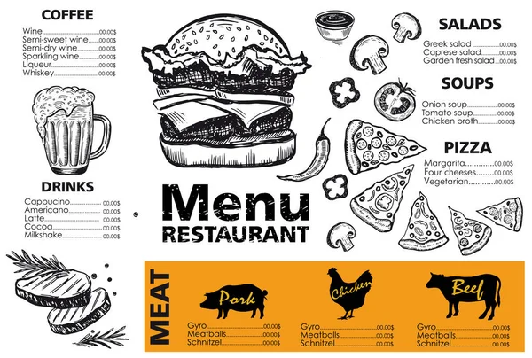 Menu Restauracji Szablon Projektu Ulotka Jedzeniu Ręcznie Rysowany Styl Ilustracja — Wektor stockowy