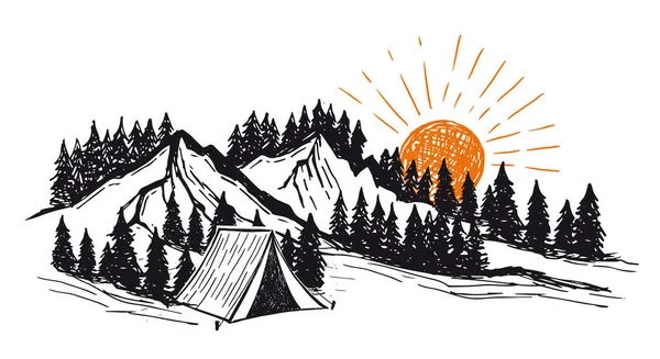 Zeltlager Wald Der Nähe Der Berge Bühnenbild Handgezeichnete Illustrationen Vektor — Stockvektor