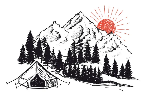 Tält Camping Skogen Nära Berg Set Handritade Illustrationer Vektor — Stock vektor