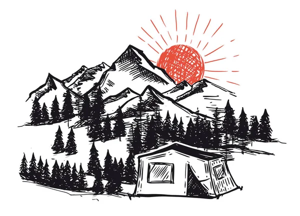 Tente Campant Dans Forêt Près Des Montagnes Ensemble Illustrations Dessinées — Image vectorielle