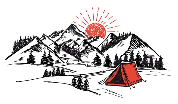 Tält Camping Skogen Nära Berg Set Handritade Illustrationer Vektor — Stock vektor