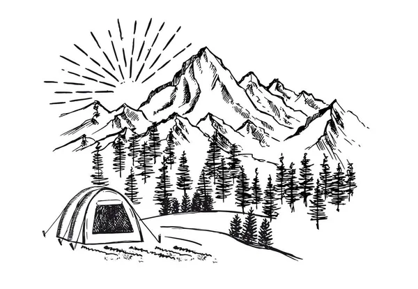 Camping Dans Nature Paysage Montagne Esquisse Illustrations Vectorielles — Image vectorielle